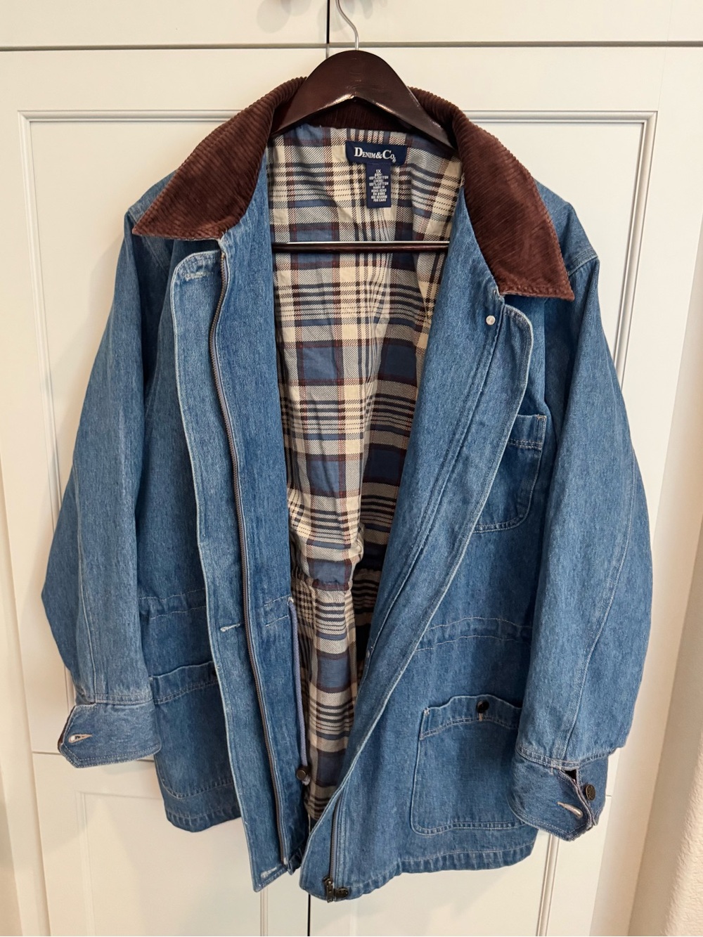 Vintage 90’s Denim Co. Plaid-Lined Denim Barn/Chore Jacket Blue & Brown Like New - Picture 3 of 8